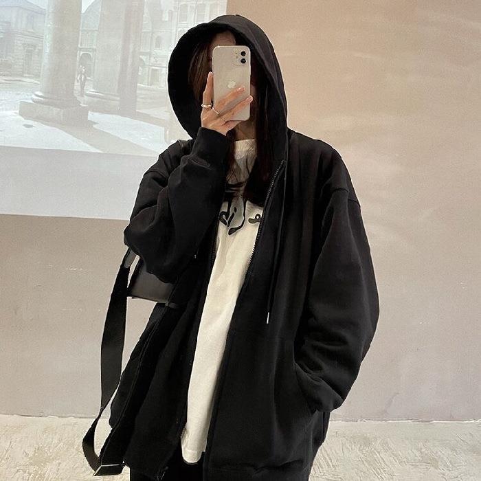 Heavy 260g fish scale new loose oversize sweater cardigan zipper couple coat womens new early spring and autumn Black - Image 1