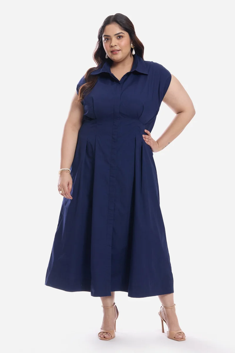 فيرجيو Solid Cotton Pleated Shirt Plus Size Dress for Women