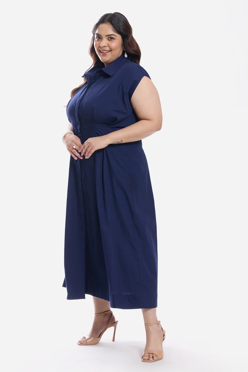 Virgio  Solid Cotton Pleated Shirt Plus Size Dress for Women for Women | Best Price UAE