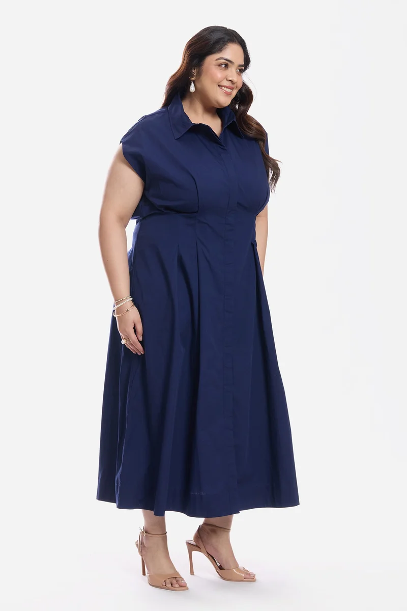 Virgio  Solid Cotton Pleated Shirt Plus Size Dress for Women for Women | Best Price UAE