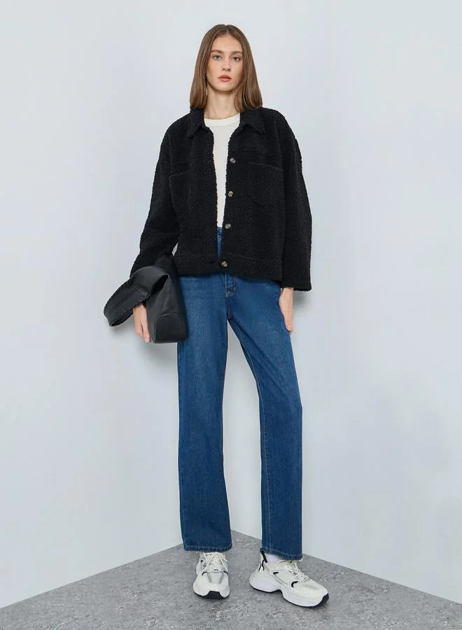 Styli Black Textured Teddy Wool Jacket