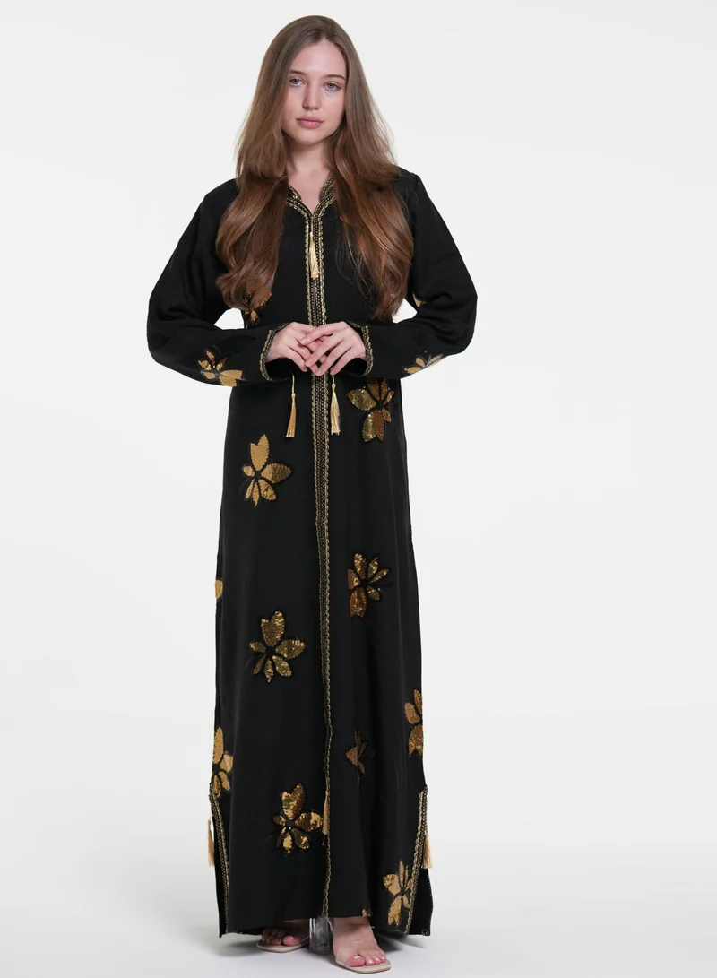 AL BENT AL SHARQIEH black linen casual jalabiya dress for Women | Best Price UAE