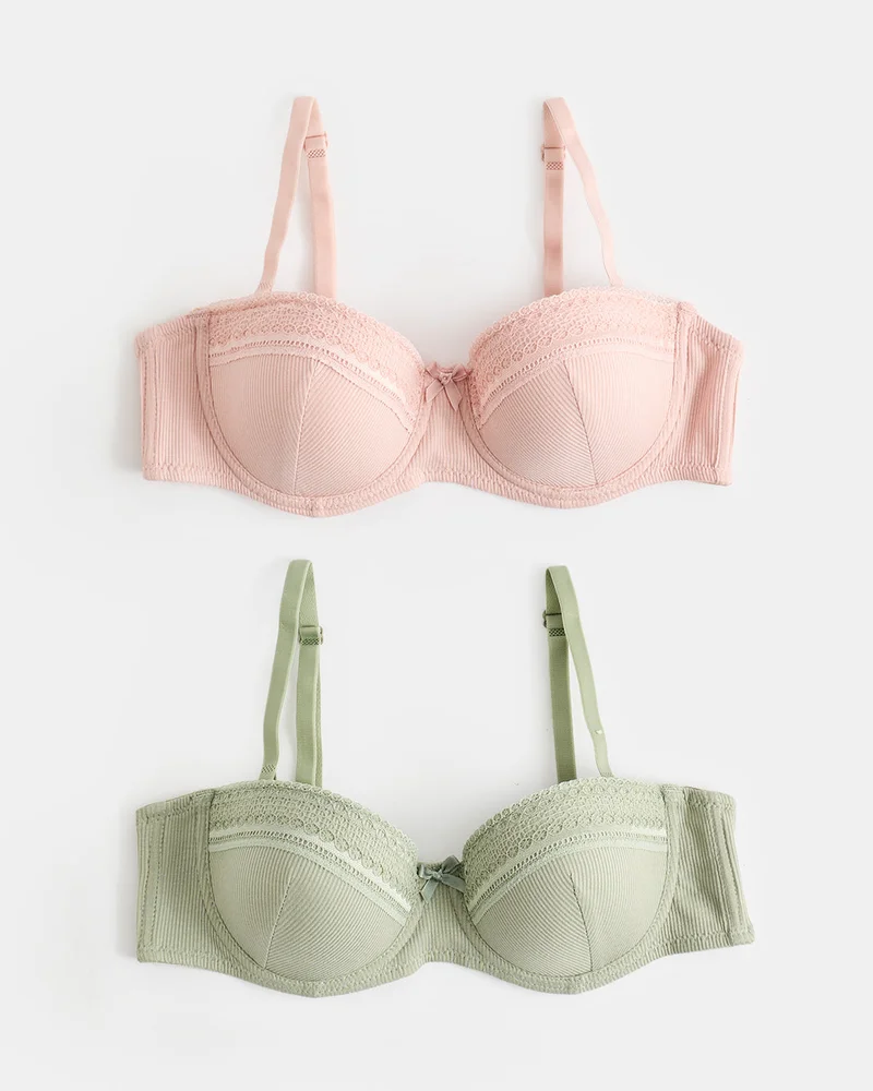 Redtag Women's 2 Pack Rib Balconette Lace Bras