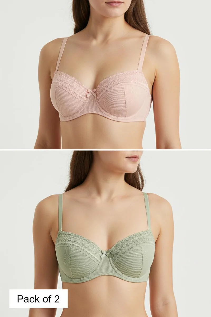 Redtag Women's 2 Pack Rib Balconette Lace Bras