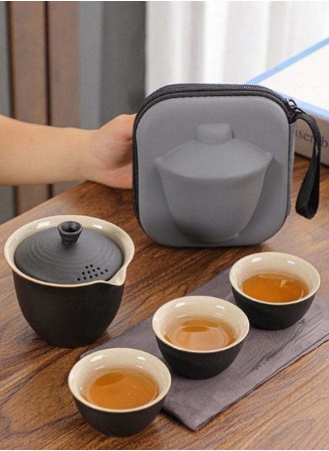 XiuWoo 1 Pot And 3 Cups Of Travel Tea Set Lid Bowl-Black  - Image 2