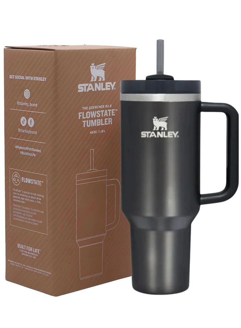 Quencher H2.0 FlowState Vacuum Insulated Tumbler – 40oz Black Stainless Steel Travel Mug with Lid & Straw – Leakproof Double-Walled Thermos – Keeps Drinks Hot for 7 Hours & Cold for 24 Hours – Durable, Reusable, Portable Flask for Water, Coffee, Tea, and Smoothies
