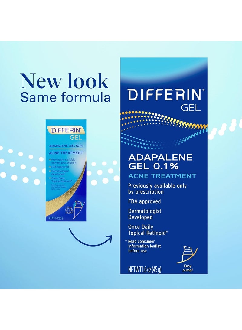 Differin Acne Treatment Gel, 90 Day Supply, Retinoid Treatment for Face with 0.1% Adapalene, Gentle Skin Care for Acne Prone Sensitive Skin, 45g Pump (Packaging May Vary)