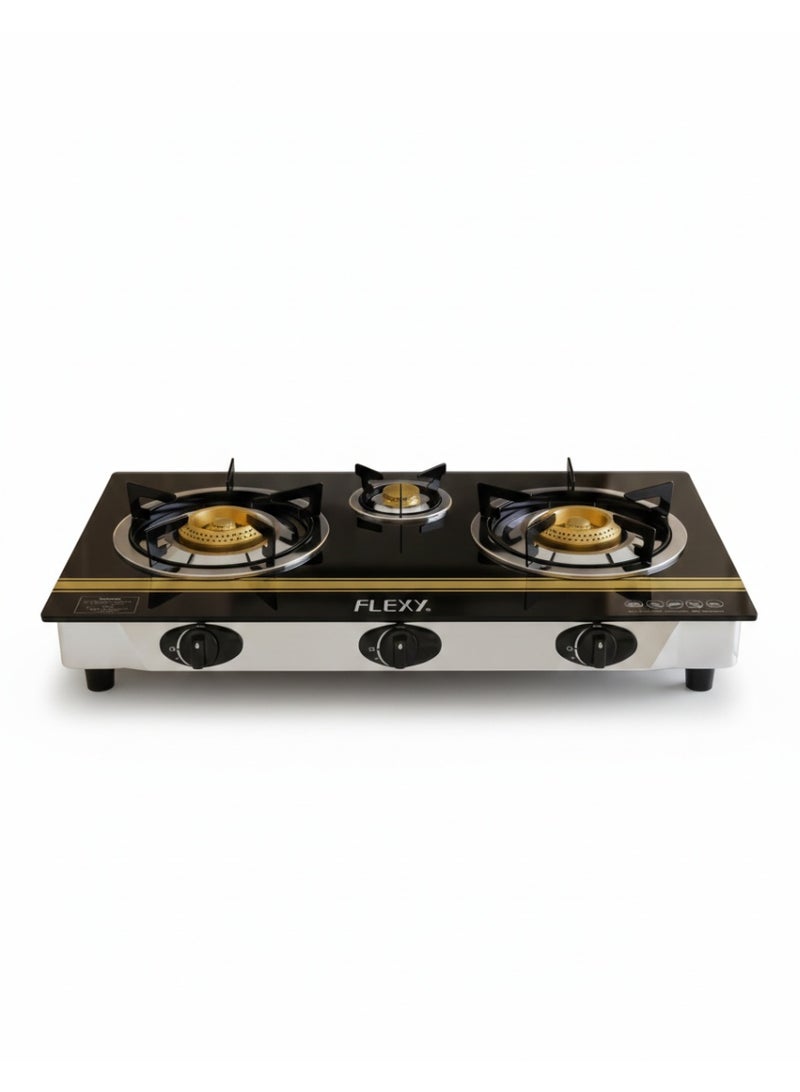 Flexy FGS3001GS - 3 Burner Gas Stove, 7mm Toughened Glass Top, Auto Ignition, Heavy Cast Iron Burners, Blue Flame, Low Gas Consumption, Stainless Steel Frame & Tray, LPG Compatible, 7.33kW Heat Output, 2 Years Warranty - Image 1