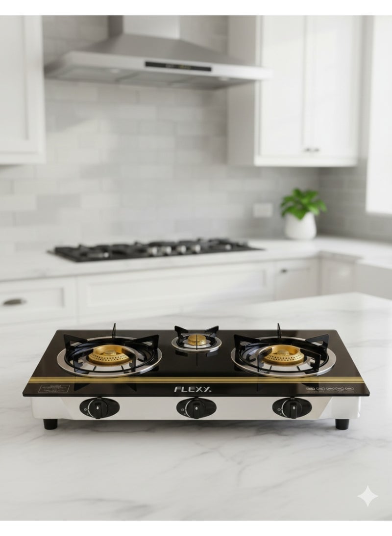 Flexy FGS3001GS - 3 Burner Gas Stove, 7mm Toughened Glass Top, Auto Ignition, Heavy Cast Iron Burners, Blue Flame, Low Gas Consumption, Stainless Steel Frame & Tray, LPG Compatible, 7.33kW Heat Output, 2 Years Warranty - Image 2