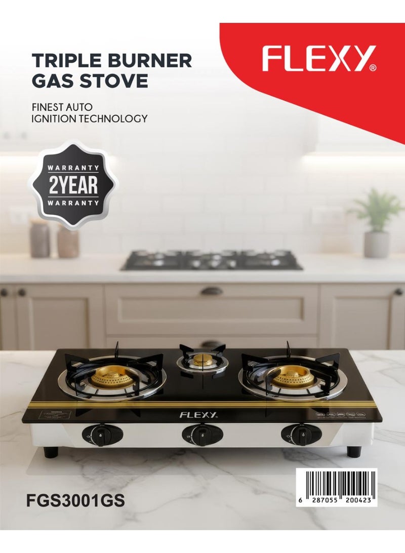 Flexy FGS3001GS - 3 Burner Gas Stove, 7mm Toughened Glass Top, Auto Ignition, Heavy Cast Iron Burners, Blue Flame, Low Gas Consumption, Stainless Steel Frame & Tray, LPG Compatible, 7.33kW Heat Output, 2 Years Warranty - Image 3