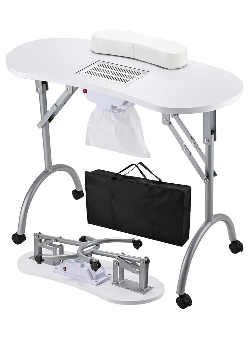 Generic Foldable Manicure Table with Nail Dust Collector, Rolling Nail Desk, Manicure Handrest, Four Lockable Wheels with Black Bag (WHITE)  - Image 1