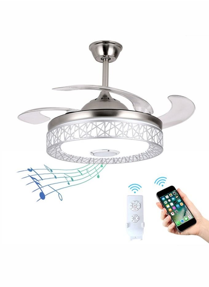 42-inch Bluetooth audio fan light, simple fan light with remote control and mobile phone remote control, pure copper silent inverter motor with headwind (silver ) 