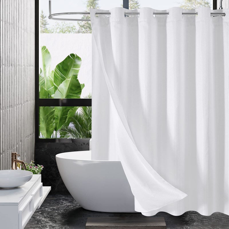 MitoVilla White Waffle Long Shower Curtain Liner Set 72 x 80 No Hooks Needed 80 inch Long Heavyweight Fabric Shower Curtain Set with Snapin Liner for Hotel Grade SpaLike Bathroom Decor