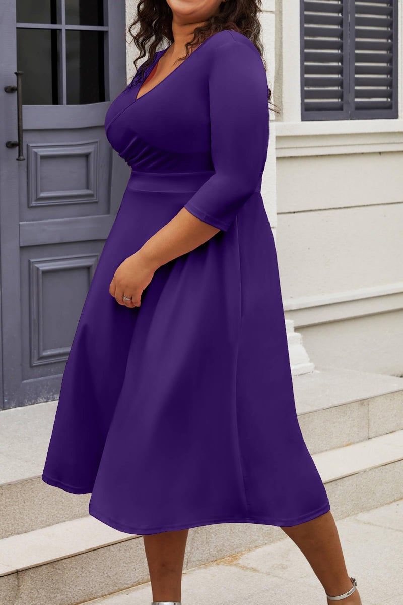 CLOCOR Women's Plus Size Midi Dress 3/4 Sleeve A-Line Swing Dress V Neck Flowy Casual Dresses Deep Purple 2X-Large - Image 3