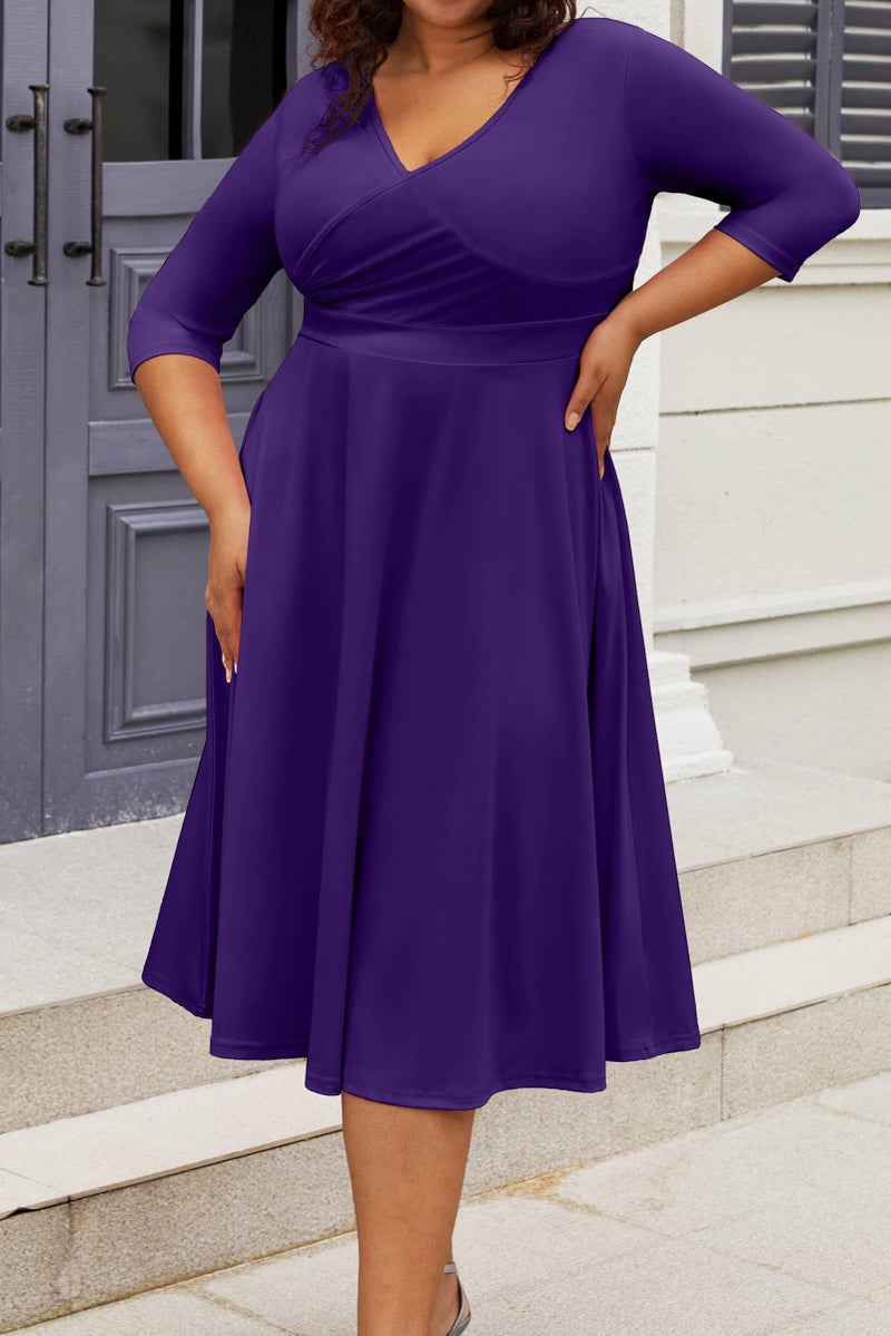 CLOCOR Women's Plus Size Midi Dress 3/4 Sleeve A-Line Swing Dress V Neck Flowy Casual Dresses Deep Purple 2X-Large - Image 2