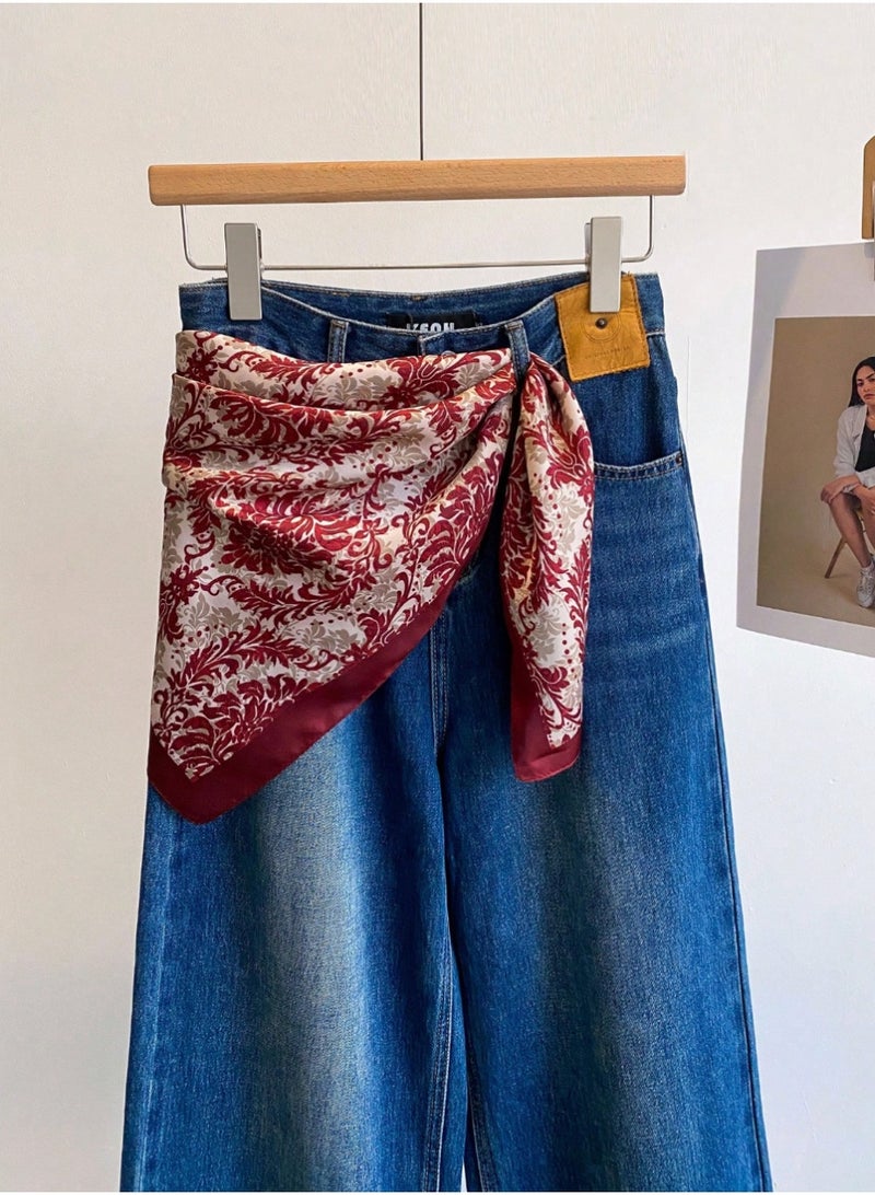 شي إن 1 قطعة وشاح حريري عنابي للنساء، وشاح مربع 70 س محزام   على الطراز الأوروبي والأمريكي، منديل مزخرف، هدية للحفلات للفستان - Image 1
