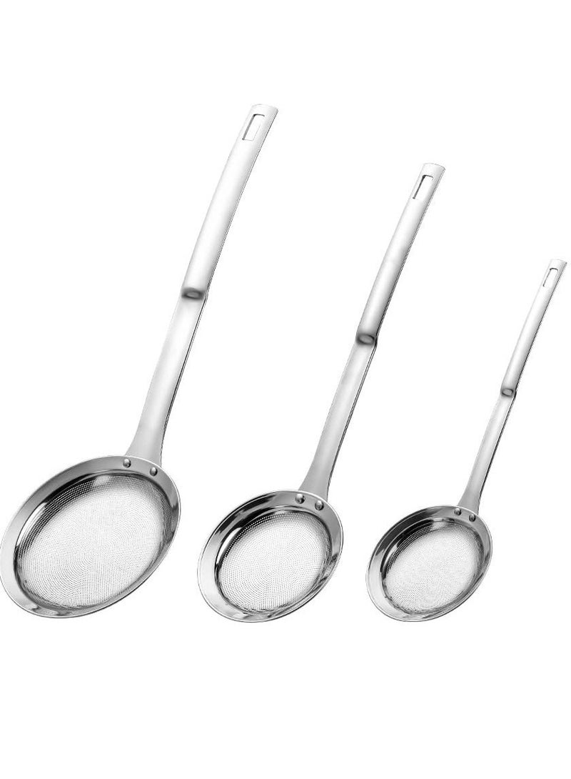 SYOSI Sieve Fine Mesh Strainer Set, 3 Pack Stainless Steel Metal Flat Cooking Skimmer Ladle Colander with Handle Food Strainer Kitchen Tools for Kitchen Baking Oil Filter Flour Sifter Foam - Image 1