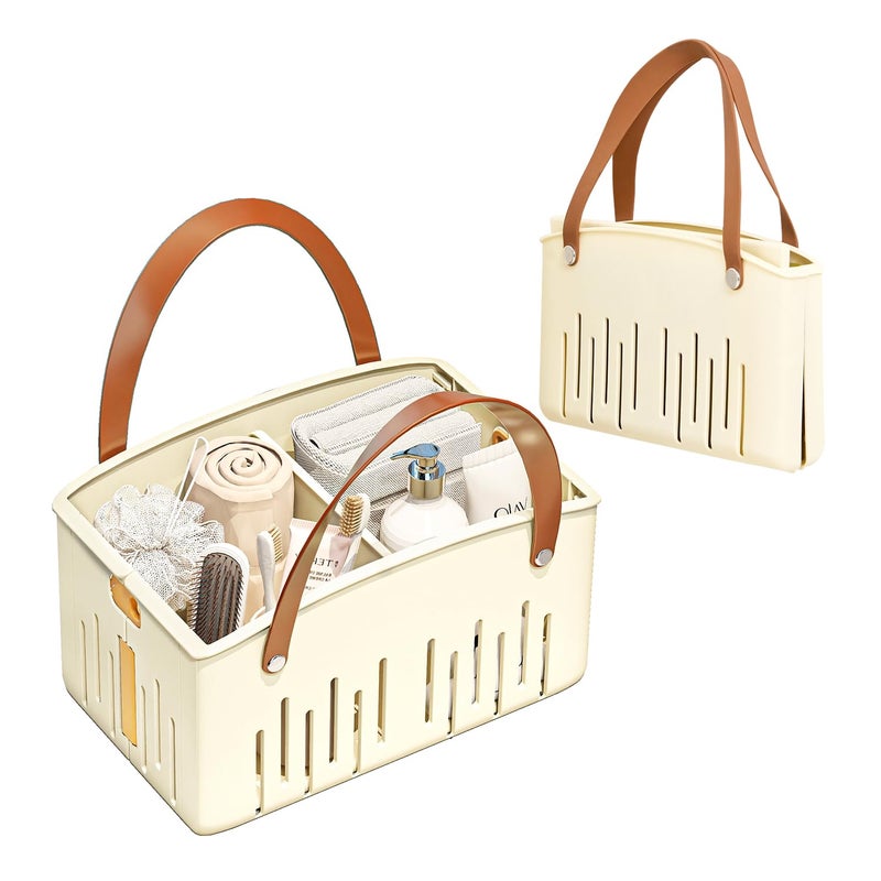 KHNR Portable Shower Caddy,Foldable Shower Caddy with Handle and Adjustable Divider,Plastic Shower Storage Basket,Quick Dry Bathroom Shower Organizer Bin for College,Dorm Room,Travel Essentials(Cream) - Image 1