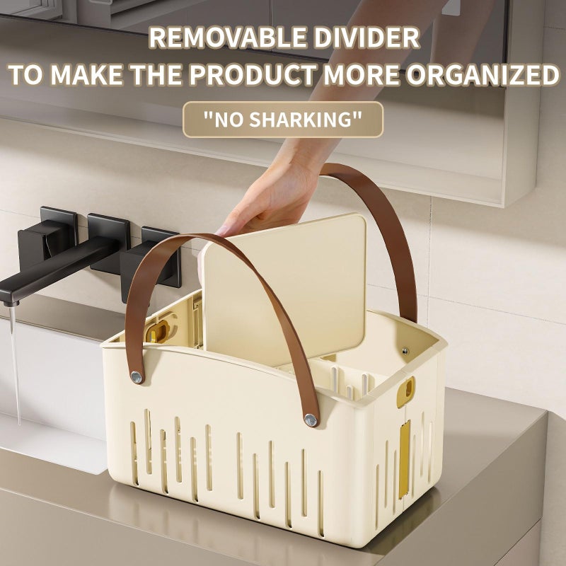 KHNR Portable Shower Caddy,Foldable Shower Caddy with Handle and Adjustable Divider,Plastic Shower Storage Basket,Quick Dry Bathroom Shower Organizer Bin for College,Dorm Room,Travel Essentials(Cream) - Image 3