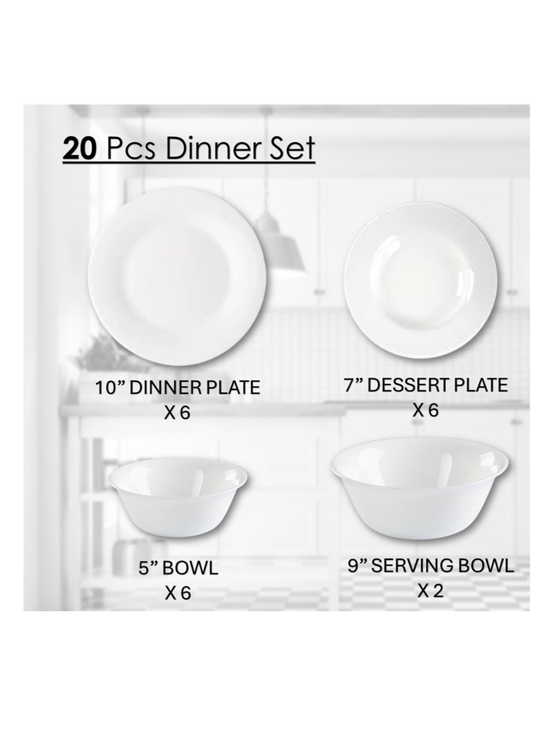 Houzi Houzi 20 Pcs Opal ware Dinner set 6 x Dinner plate 6 x Dessert plate 6 x Bowls and 2 x Serving bowl Dishwasher Microwave safe BPA Free  - Image 2