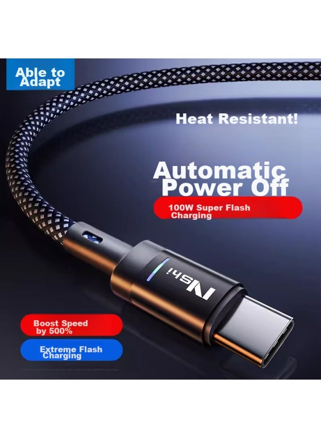 CAN كابل بيانات Type-c من فيت، كابل شحن 100 واط، شحن فائق السرعة، إيقاف تشغيل تلقائي، مناسب لهواوي، أوبو، هونر، نوفا، شاومي، فيفو، كابل شحن سريع 66 واط، 1 متر، أسود - Image 1