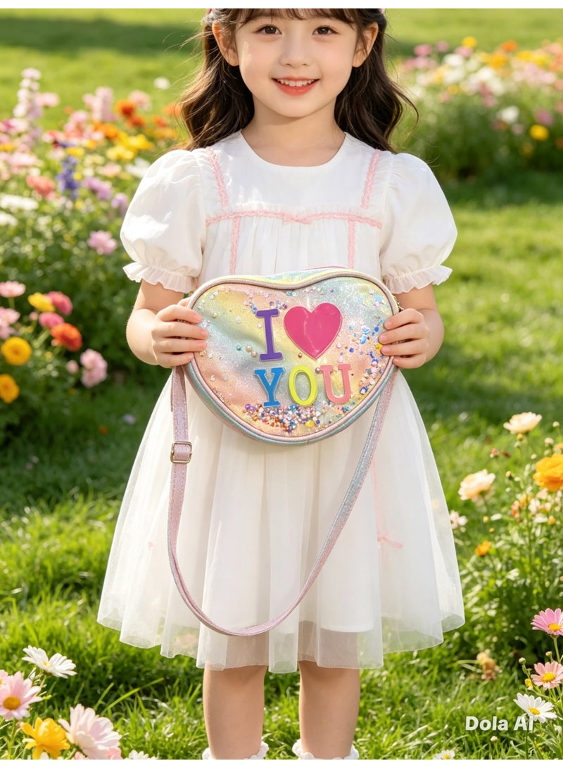 Heart Shaped Crossbody Bag – Glitter Rainbow “I Love You” Design, Adjustable Strap, for Girls - Image 5