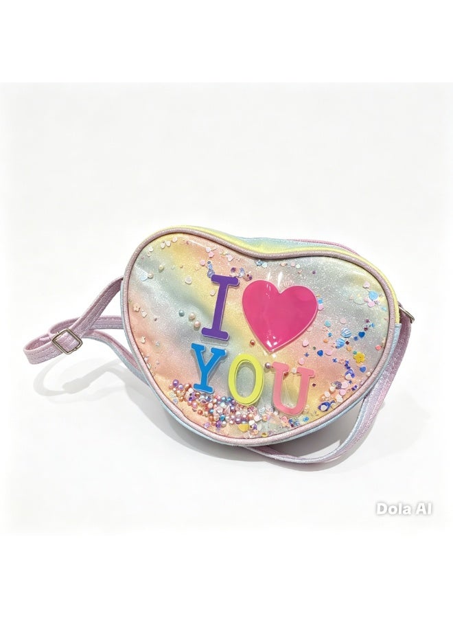 Heart Shaped Crossbody Bag – Glitter Rainbow “I Love You” Design, Adjustable Strap, for Girls - Image 3
