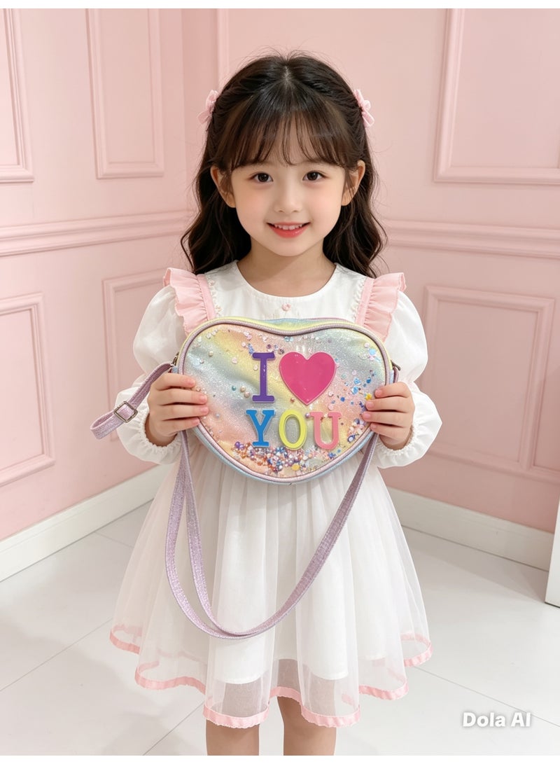 Heart Shaped Crossbody Bag – Glitter Rainbow “I Love You” Design, Adjustable Strap, for Girls - Image 4