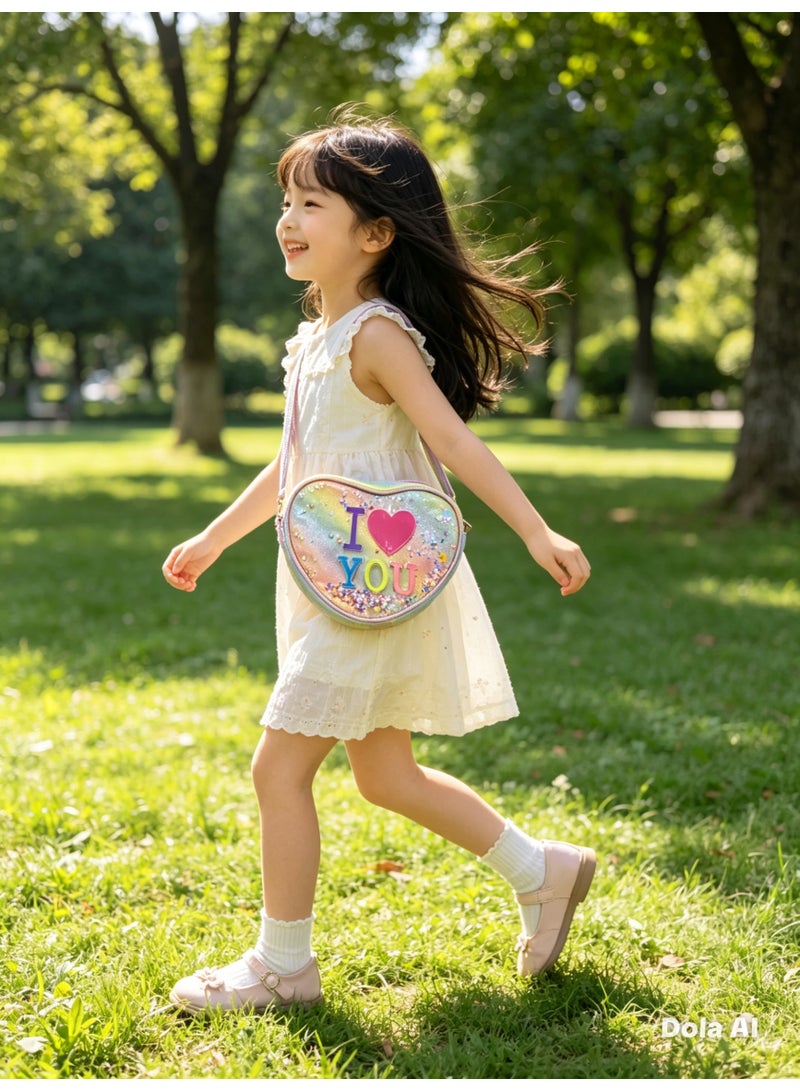 Heart Shaped Crossbody Bag – Glitter Rainbow “I Love You” Design, Adjustable Strap, for Girls - Image 1