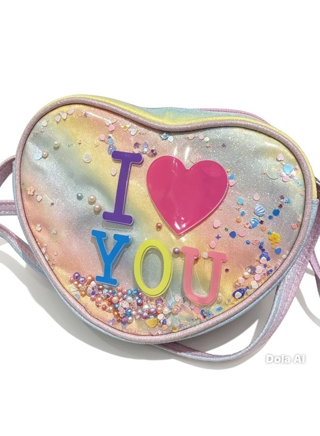 Heart Shaped Crossbody Bag – Glitter Rainbow “I Love You” Design, Adjustable Strap, for Girls - Image 2