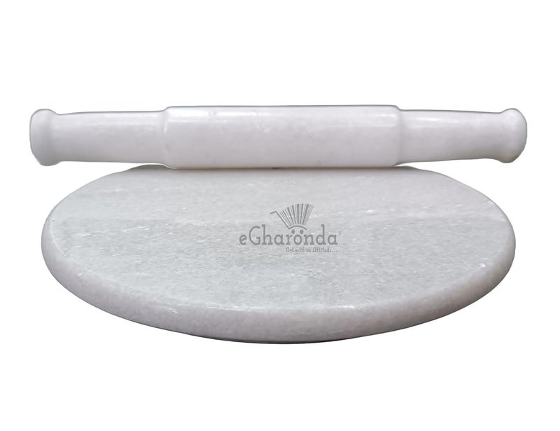 eGharonda eGharonda White Marble ChaklaRolling Pin BoardRotiChapati Maker Marble BelanRolling Pin for Kitchen Chakla Belan Combo Chakla 10Inch Belan 12 Inch  - Image 1
