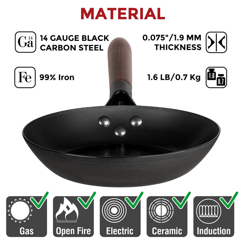 YOSUKATA 7.9" Carbon Steel Frying Pan â€“ Non-Toxic Pre-Seasoned Skillet with Removable Wooden Handle â€“ Coating-Free Wok-Style Pan for Gas, Induction, Electric, Oven & Grill BBQ - Image 4