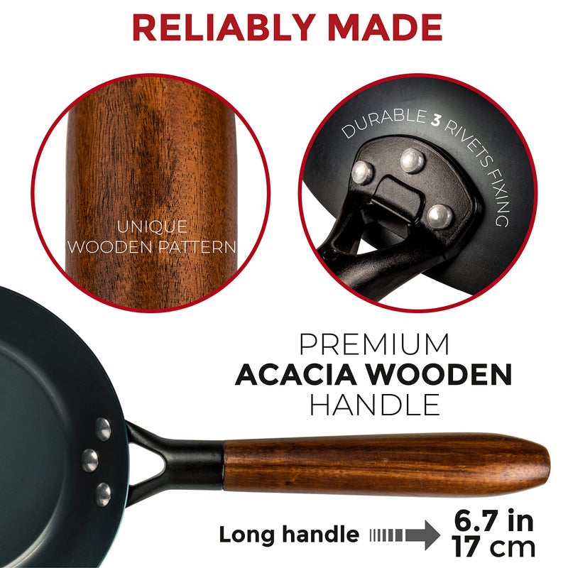 YOSUKATA 7.9" Carbon Steel Frying Pan â€“ Non-Toxic Pre-Seasoned Skillet with Removable Wooden Handle â€“ Coating-Free Wok-Style Pan for Gas, Induction, Electric, Oven & Grill BBQ - Image 5