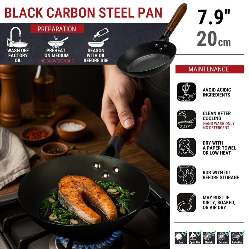 YOSUKATA 7.9" Carbon Steel Frying Pan â€“ Non-Toxic Pre-Seasoned Skillet with Removable Wooden Handle â€“ Coating-Free Wok-Style Pan for Gas, Induction, Electric, Oven & Grill BBQ - Image 3