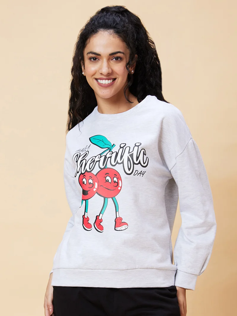 globus Globus Women Grey Melange Graphic Printed Sweatshirt