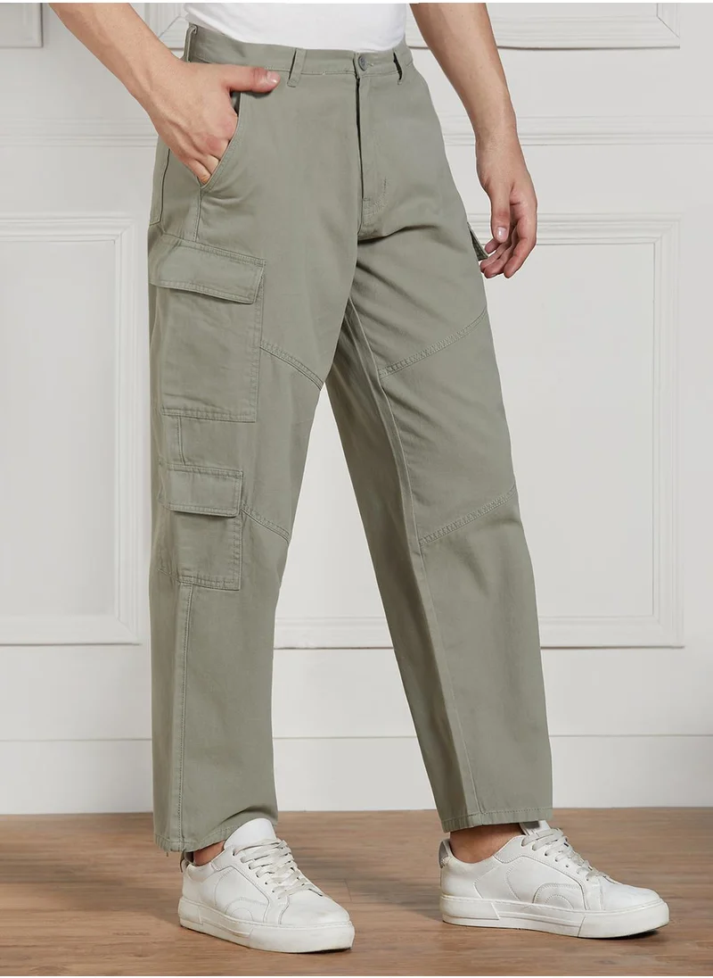 دينيس لينغو Men's Sage Green Cotton Blend Solid Full Length Cargo Trouser