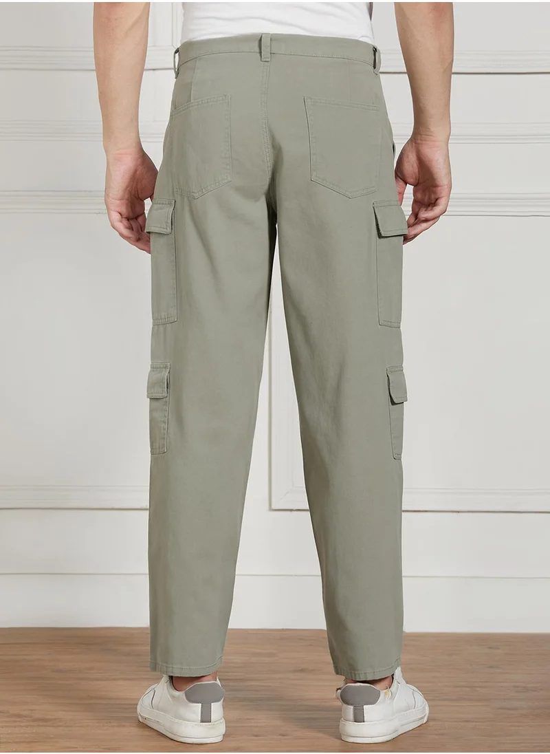 دينيس لينغو Men's Sage Green Cotton Blend Solid Full Length Cargo Trouser