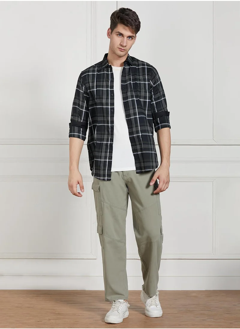 دينيس لينغو Men's Sage Green Cotton Blend Solid Full Length Cargo Trouser