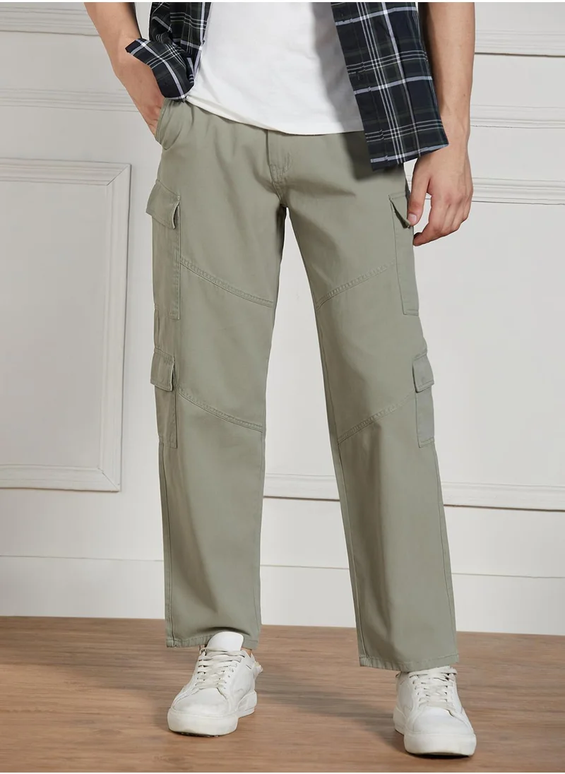 دينيس لينغو Men's Sage Green Cotton Blend Solid Full Length Cargo Trouser