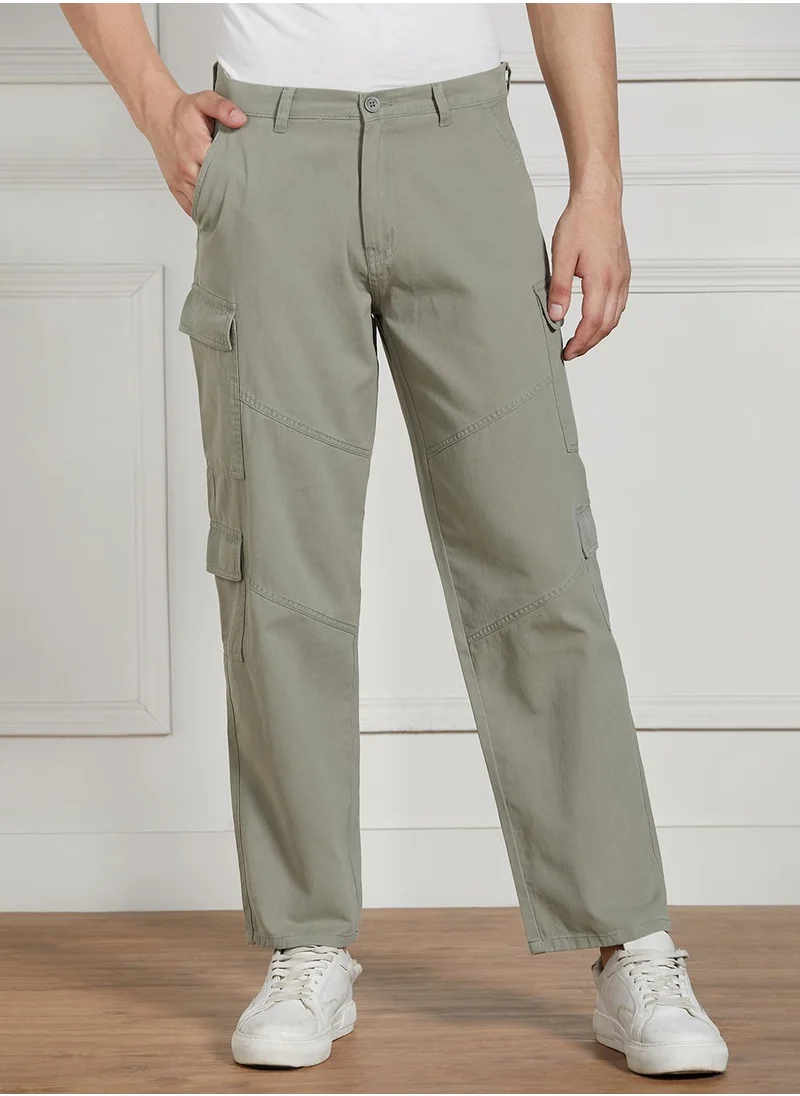 دينيس لينغو Men's Sage Green Cotton Blend Solid Full Length Cargo Trouser