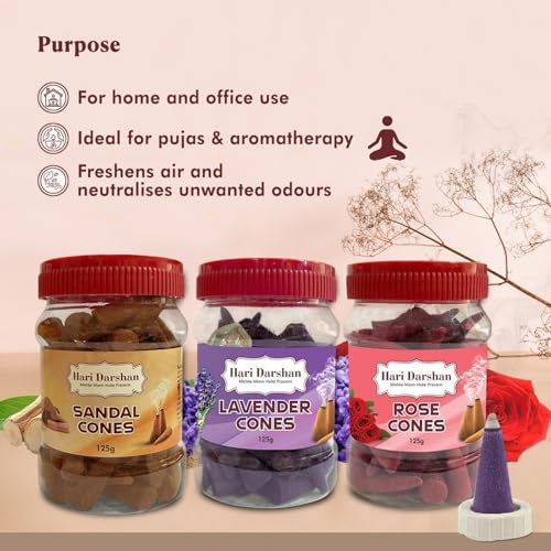 Hari Darshan Dhoop Cones | Combo Sandal Lavender Rose | Organic Dry Dhoop with Long-Lasting Fragrance for Pooja Meditation & Yoga | Traditional Chemical-Free Natural Dhoop Cones | Pack of 3 125g Each - Image 5
