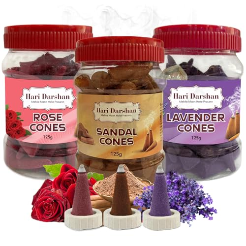 Hari Darshan Dhoop Cones | Combo Sandal Lavender Rose | Organic Dry Dhoop with Long-Lasting Fragrance for Pooja Meditation & Yoga | Traditional Chemical-Free Natural Dhoop Cones | Pack of 3 125g Each - Image 1