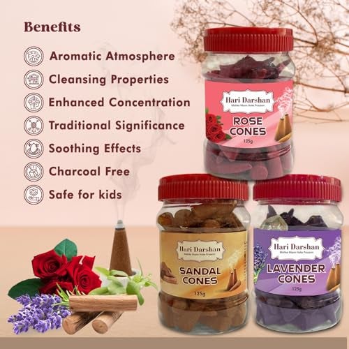 Hari Darshan Dhoop Cones | Combo Sandal Lavender Rose | Organic Dry Dhoop with Long-Lasting Fragrance for Pooja Meditation & Yoga | Traditional Chemical-Free Natural Dhoop Cones | Pack of 3 125g Each - Image 4