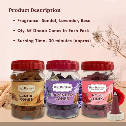 Hari Darshan Dhoop Cones | Combo Sandal Lavender Rose | Organic Dry Dhoop with Long-Lasting Fragrance for Pooja Meditation & Yoga | Traditional Chemical-Free Natural Dhoop Cones | Pack of 3 125g Each - Image 3