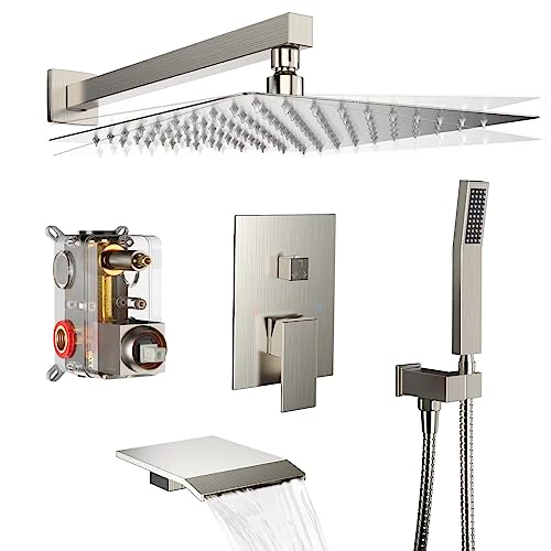 Dlvsoby Rain Shower System 12 inch Shower Faucet Set with Tub Spout,Bathroom Wall Mounted Waterfall Shower Head Faucet Sets Complete with Handheld Spray,Rough-in Valve Body and Trim kit,Brushed Nickel - Image 1