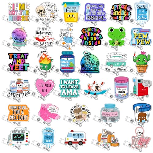 Geyoga 36 Pcs Funny Badge Reel Cute Nurse Badge Reel Retractable Nurse Quote Name ID Clip Cute Nursing for Doctor Teacher Employee Office Assistant Supplies Bulk GiftsMedical - Image 1