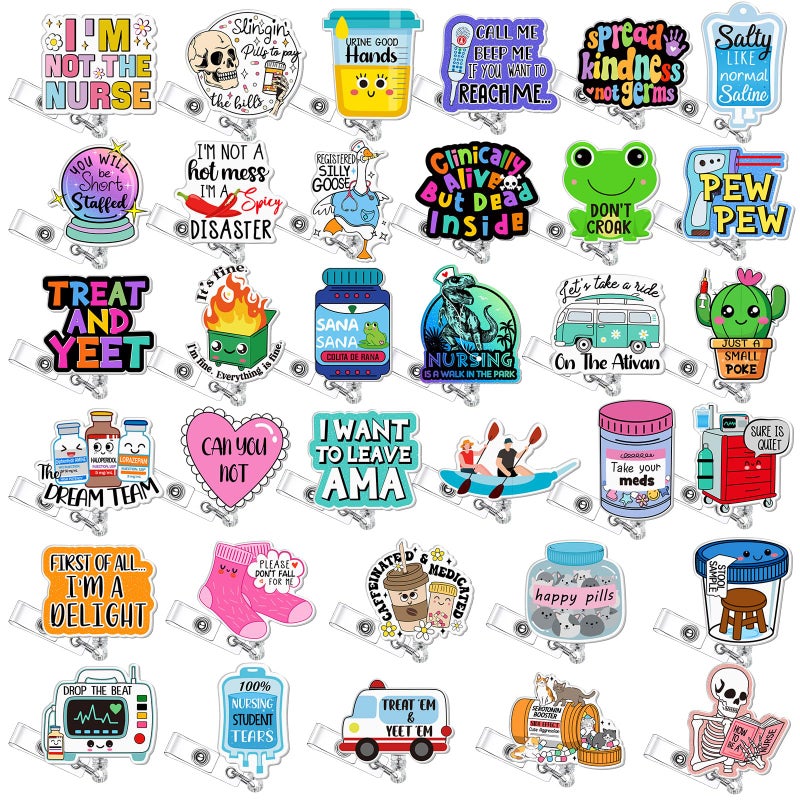 Geyoga 36 Pcs Funny Badge Reel Cute Nurse Badge Reel Retractable Nurse Quote Name ID Clip Cute Nursing for Doctor Teacher Employee Office Assistant Supplies Bulk GiftsMedical - Image 2