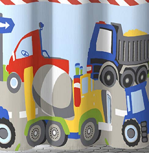 Dream Factory Kids Fabric Shower Curtain for Bathroom, 72W x 72L, Blue Red Trains and Trucks - Image 5