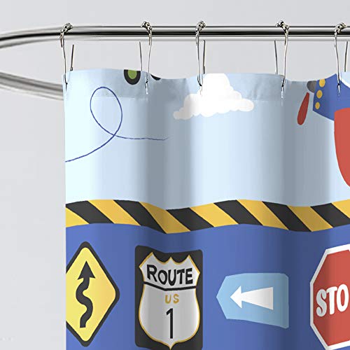 Dream Factory Kids Fabric Shower Curtain for Bathroom, 72W x 72L, Blue Red Trains and Trucks - Image 2