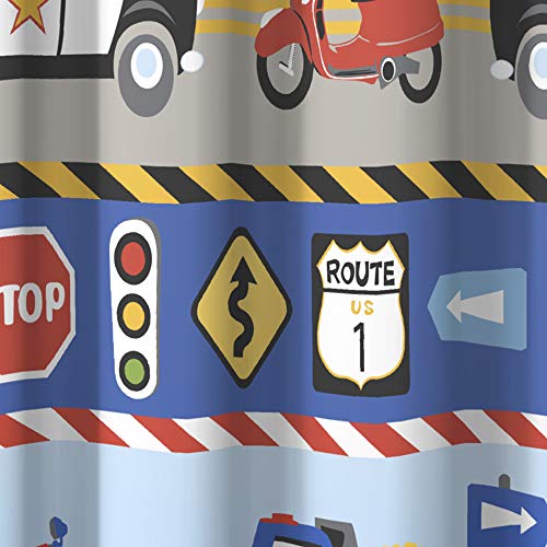 Dream Factory Kids Fabric Shower Curtain for Bathroom, 72W x 72L, Blue Red Trains and Trucks - Image 4